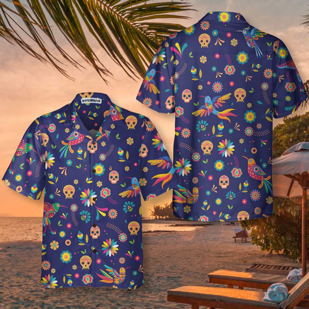Colorful Alebrijes Birds And Bright Floral Mexican Culture Hawaiian Shirt, Mexican Sugar Skull Shirt