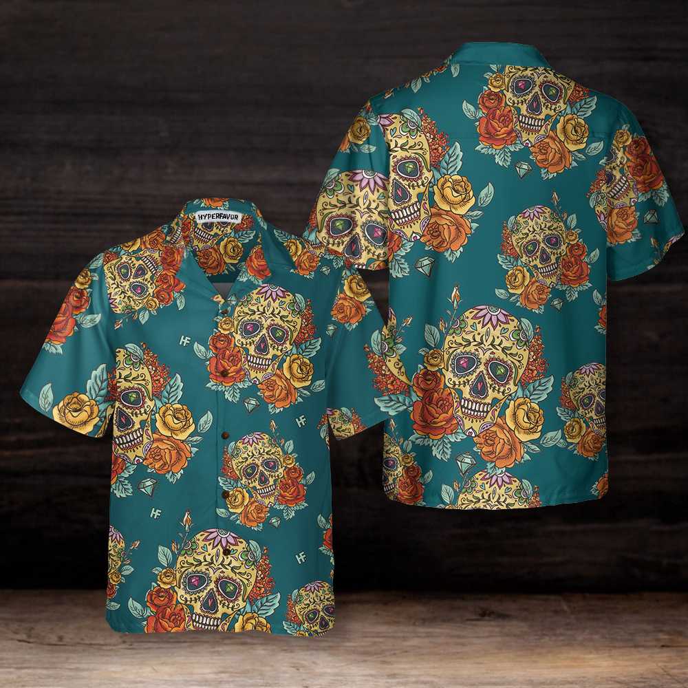 Yellow Roses Sugar Skulls Hawaiian Shirt, Mexican Skull Shirt, Best Day Of The Dead Gift