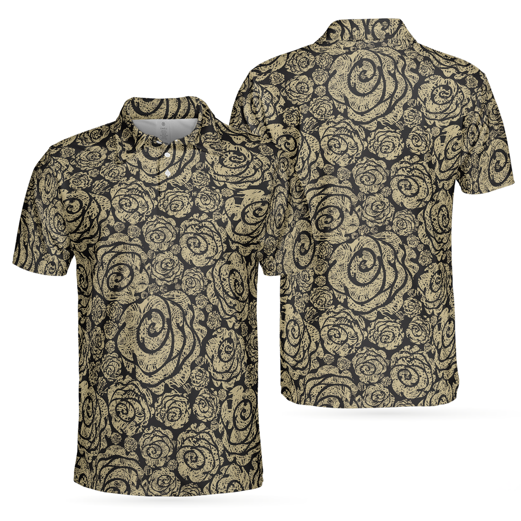 Seamless Beige Grunge Rose Pattern Polo Shirt, Cool Roses Graphic Polo Shirt, Rose Themed Shirt For Flower Lovers