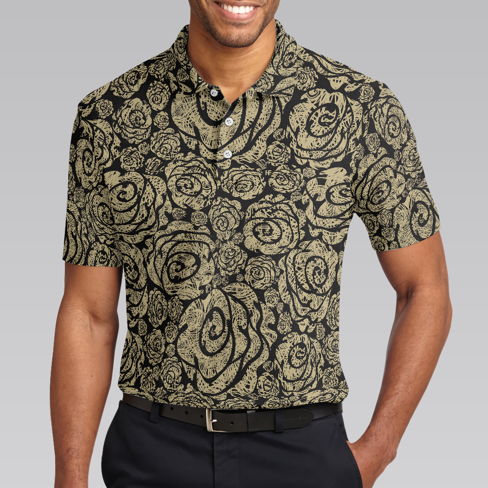 Seamless Beige Grunge Rose Pattern Polo Shirt, Cool Roses Graphic Polo Shirt, Rose Themed Shirt For Flower Lovers